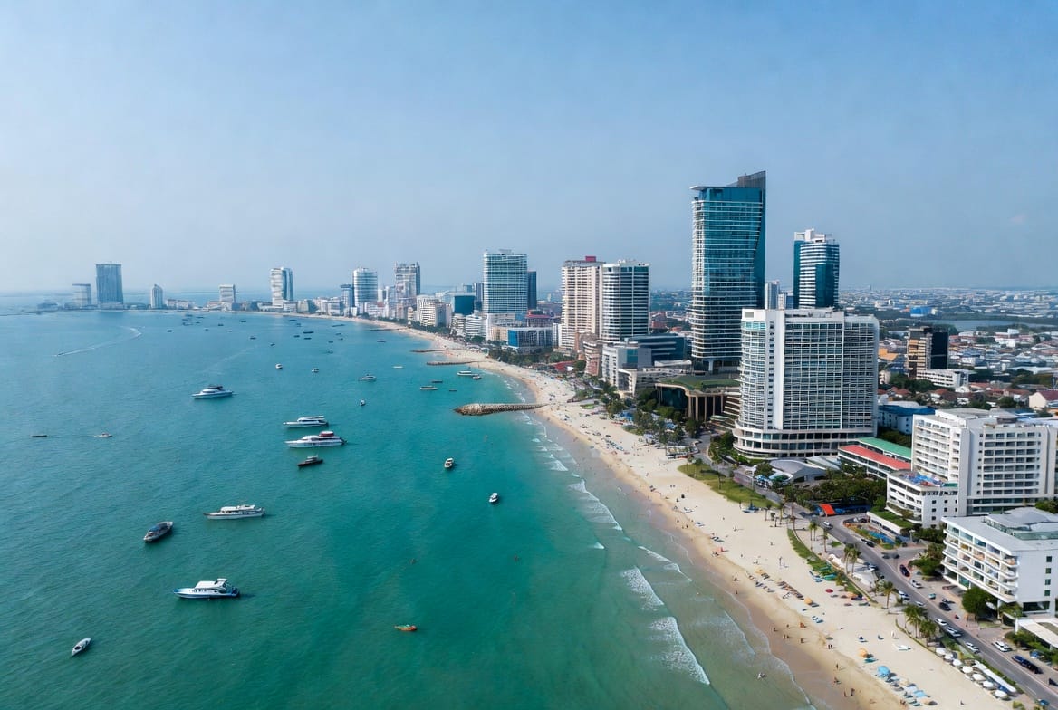 Aerial view of Central Pattaya Beach and the hotel strip along the bay
